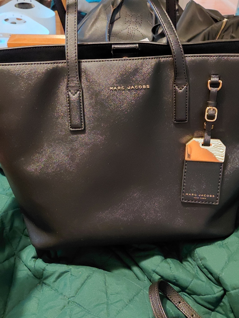 Marc Jacobs Black Leather Tote with Gold Tag Accent